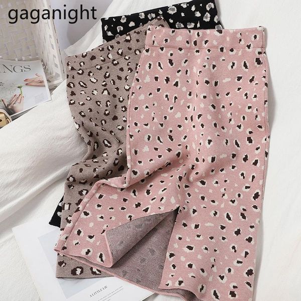 

skirts gaganight elegant women knee-lenght skirt office lady high waist leopard a line chic female split knited faldas, Black