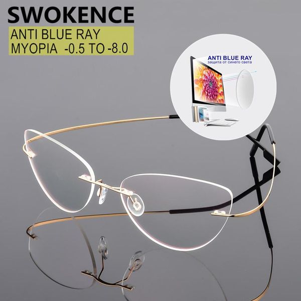 

sunglasses swokence anti blue ray prescription glasses myopia -0.5 to -8.0 rimless men women upscale cat eye titanium alloy spectacles f092, White;black
