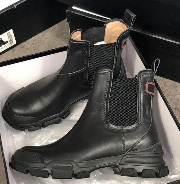 

women's leather ankle boot black white leather shoes mens fashion chunky rubber leather lug sole winter booties with box