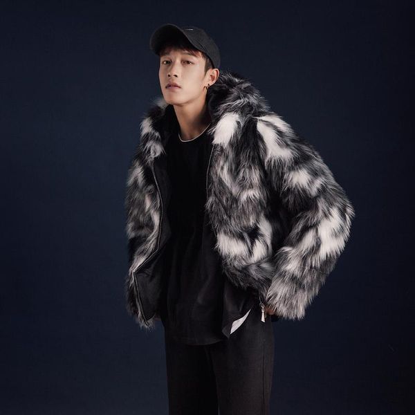 

men's fur & faux uyuk winter fashion loose coat men original large size trend thickening hooded jacket masculino, Black