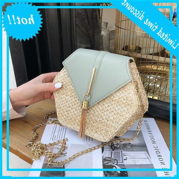 

hexagon mulit style stro + leather handbag women summer rotan handmade tissues beach circle bohemia shoulder bag new fashion