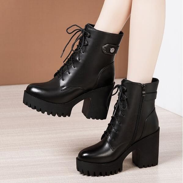 

women boots winter snow booties black increase 8cm 10cm thick heel womens boot leather shoes size 35-40