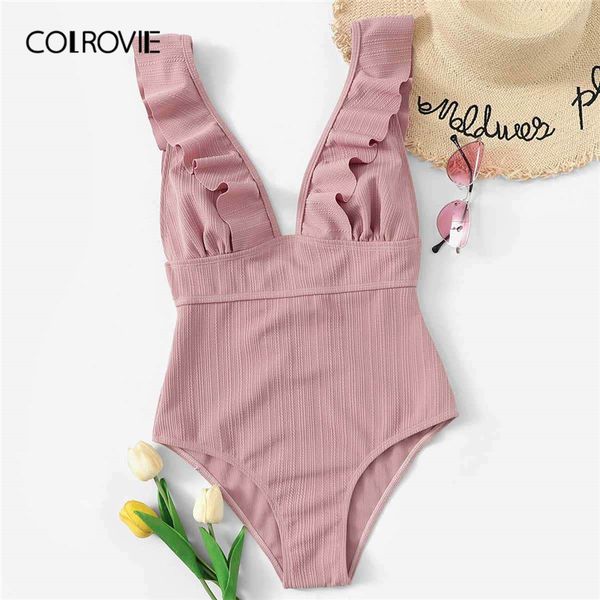 

colrovie pink ruffle v neck one piece swimwear bodysuit women monokini 2019 summer beachwear cute female bathing suits q1118, White