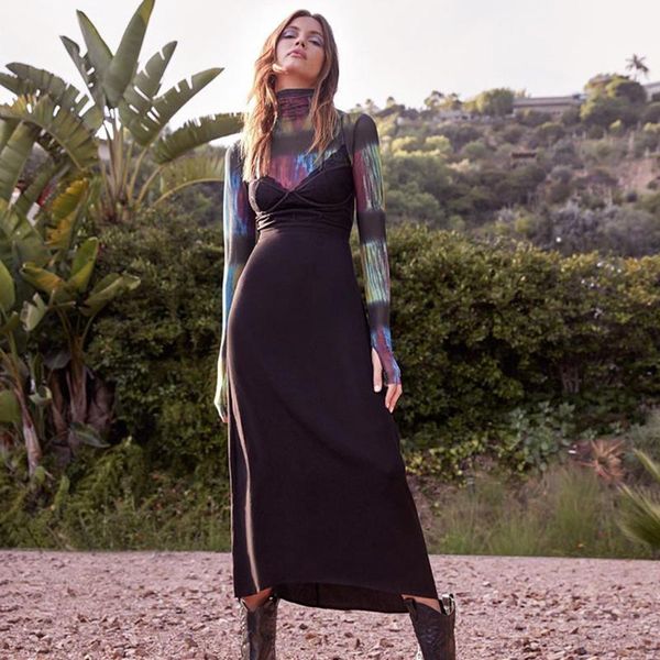 

women's t-shirt women fashion casual long sleeve o-neck print high-neck tie-dye sheer mesh street wear ladies, White