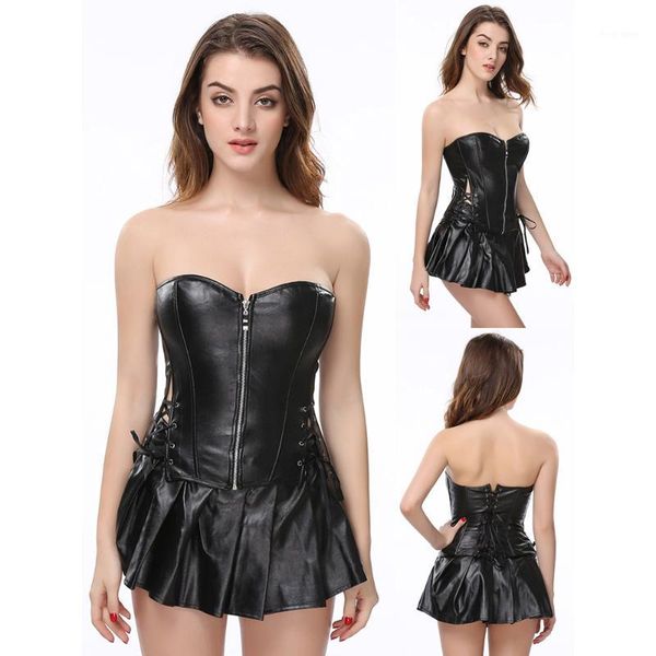 

gothic corset dress faux leather burlesque front zipper overbust bustier mini skirt steampunk corset dress plus size1, Black;white