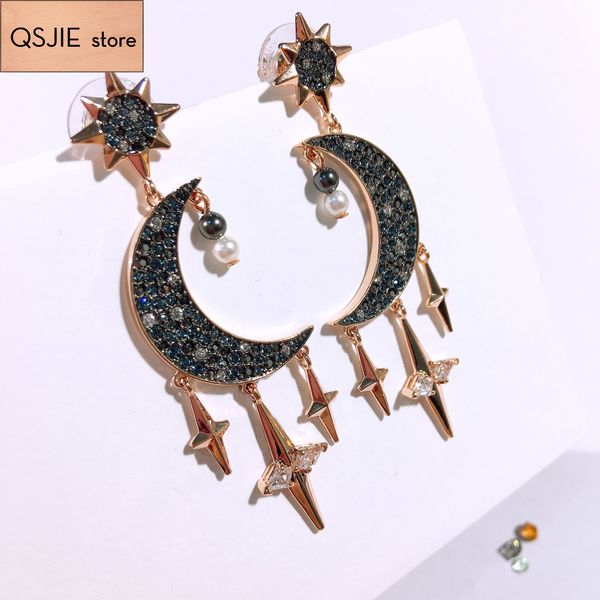 

qsjie swa star moon golden pendant earrings with black lady earrings glamorous fashion jewelry, Golden;silver