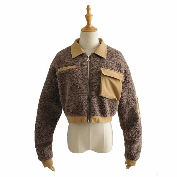

2021 new fashion personalized color matching jacket women's autumn and winter thickened pocket zipper short lamb wool coat p1y5, Black;brown
