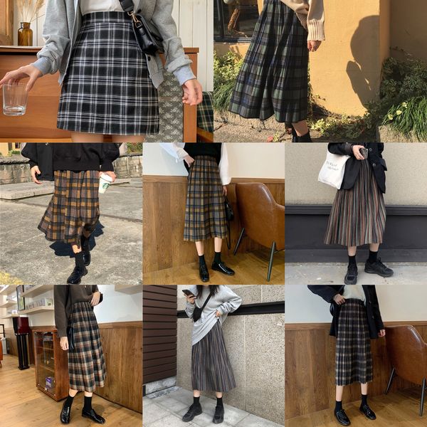 

vintage plaid pleated long skirts high waist winter women korean woolen skirt streetwear drawstring elastic waist midi skirt q1209, Black