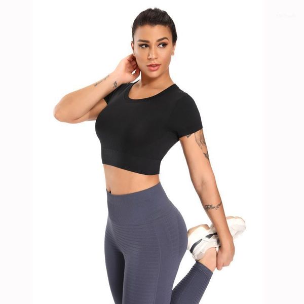 

yoga outfits summer seamless shirt short sleeve exposed navel breathable fitness running crop solid color stretchy quick dry shirt1, White;red