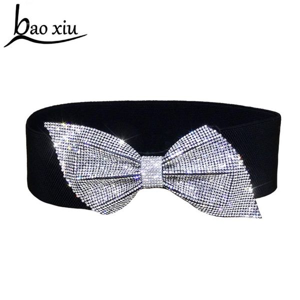 

2020 brand desgin sweet women crystal silver bowknot elastic bow wide stretch buckle waistband waist belt gift accessories, Black;brown