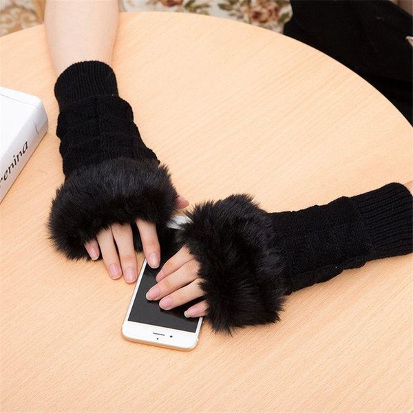 

arm warmers faux fur block warm winter furry fingerless gloves women gloves, Blue;gray