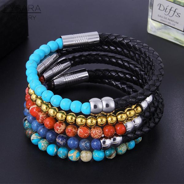 

fysara tiger eye lava natural stone beads bracelet male punk stainless steel leather magnet pulseras men buddha fashion jewelry sqcguj, Black