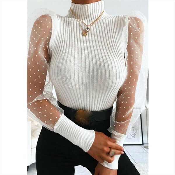 

women spring mesh puff long sleeve ribbed knitted shirt loose casual polka dots blouse elegant turtleneck party clubwear, White