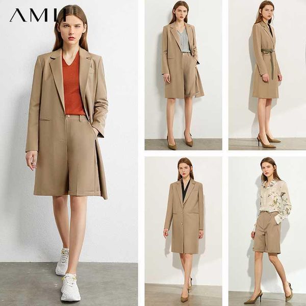 

amii minimalism autumn women suit set solid lapel single-breasted long suit coat high waist knee-length shorts 120302781, Gray