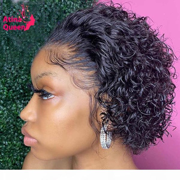

короткие pixie cut закрытие кудрявый парик боб wigs13x4 кружева фронтальная человеческих волос парики pre сорвала волосы младенца черный жен, Black