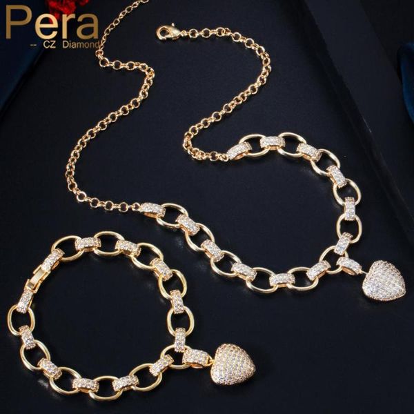 

pera bohemian style cz zircon yellow gold romantic love heart pendant necklace bracelet jewelry sets for ladies party gift j377, Silver