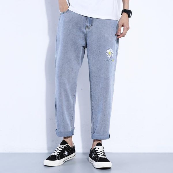 

voreloce classic chrysanthemum embroidery men's straight fashion jeans 2021 spring brand student boy loose denim jeans blue gray