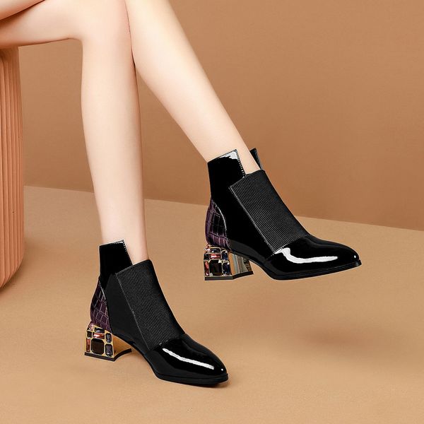 

women ankle boots solid rhinestone high heels dancing party shoes woman winter new genuine leather fashion short boots, Black