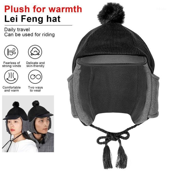 

cycling caps & masks thickened warm hat cotton ladies casual ear protection riding camping outdoor fleece beanie, Black
