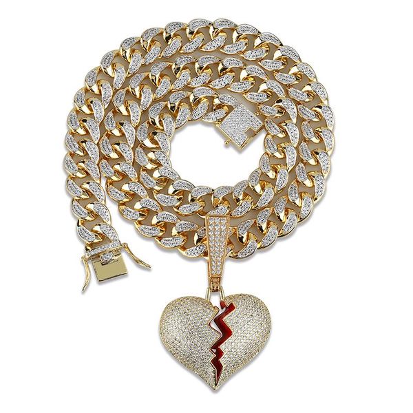 

pendant necklaces iced out heart necklace & with 14mm width big cuban chain gold silver color cubic zircon men's women hip hop jewelry
