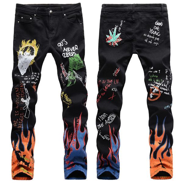 

2021 new fashion lovers letter flame print black slim jeans straight color stretch skeleton graffiti street shorts man gsvu, Blue