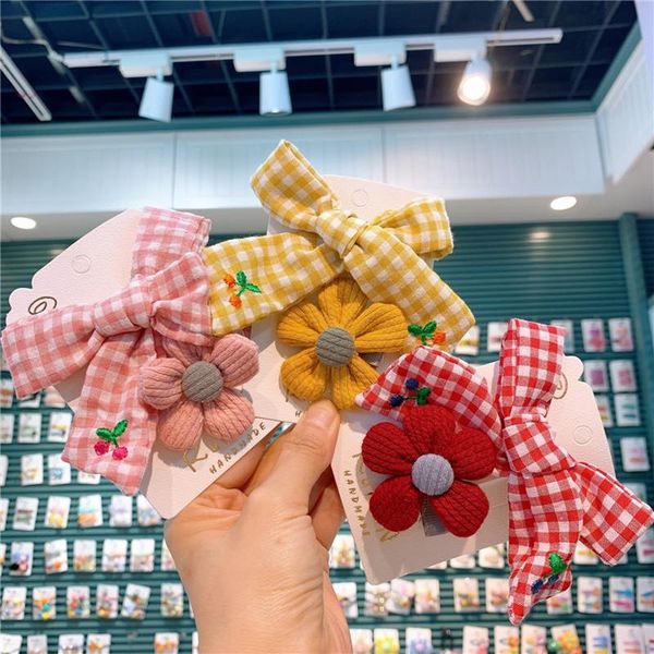 

hair accessories fashion children simple cute embroidery cherry bow duckbill clip sweet girl beautiful fabric flower hairpins, Slivery;white