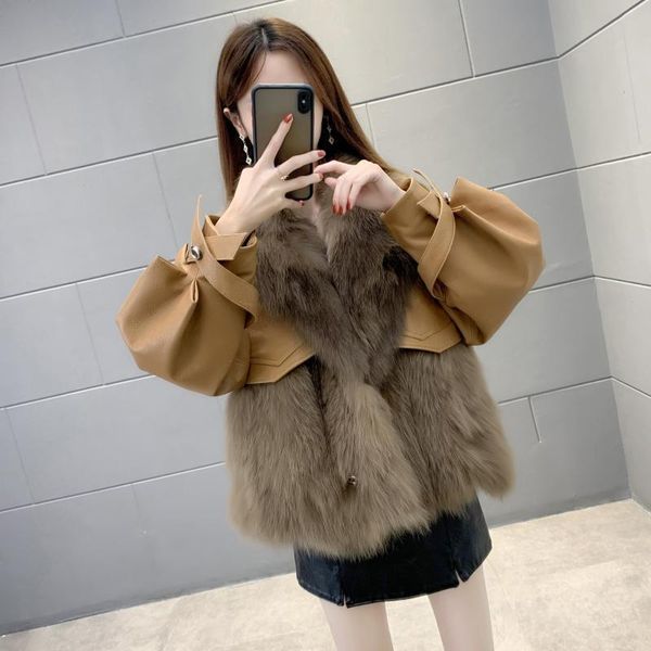 

women's fur & faux 2021 winter imitation sheep leather coat stitching hair short women trend, Black
