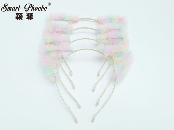 

wholesale boutiue 15pcs fashion cute gradient rainbow color cat ears hairbands animal ears hair sticks princess headwear hair accessories, Slivery;white