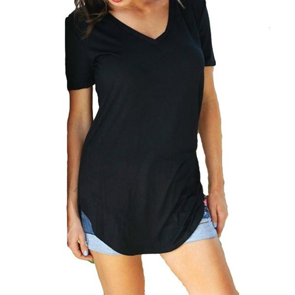 

women t-shirt summer plus size tee basic shirts women solid v neck short sleeve long casual female large size femme clothes, White