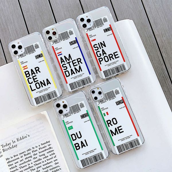 

mobile phone cover with air travel label, suitable for vip 11, 12 pro, xs, max, x, xr, 7, 8 plus, city barcode letter, transparent soft