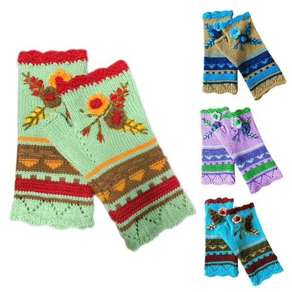 

women winter knit fingerless gloves multicolor crochet floral thumbhole mittens x7jb, Blue;gray