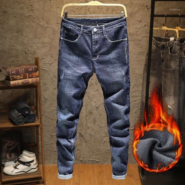 

manufacturers direct winter warm jeans with velvet and thickening for men korean slim stretch pants for young men1, Blue