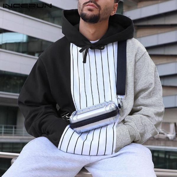 

man striped pockets hoodies autumn loose tracksuits incerun men fashion patchwork sweatshirts long sleeve hooded pullovers 3xl 7, Black
