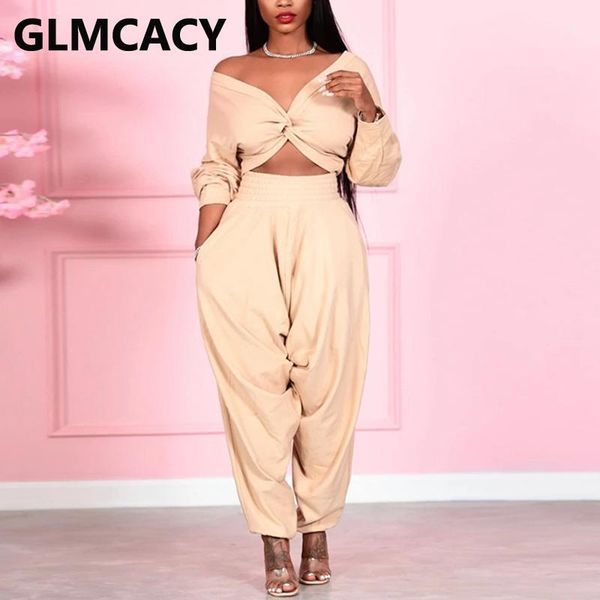 

women causal regular suits solid twist crop & loose pants set1, Gray