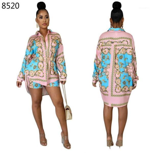 

summer 2 pieces set fashion women floral print long sleeve shirt elastic waist shorts set party club tracksuit clothes suit1, Gray
