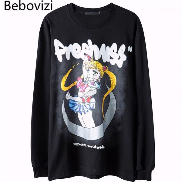 

men's t-shirts bebovizi japanese tokyo anime print t shirt streetwear harajuku tshirt hip hop oversize t-shirt long sleeve cotton 2021, White;black