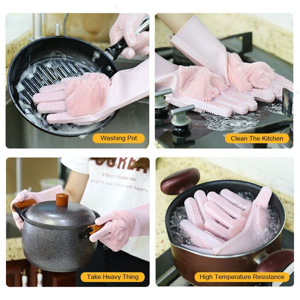 

green silicone magic cleaning glove brush pink scrubber dusting dish washing rubber heat resistant wash gloves