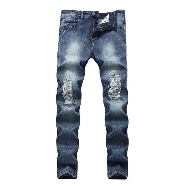 

mens jeans european and american high street wind ripped jeans destroyed men jeans small feet stretch mens, Blue