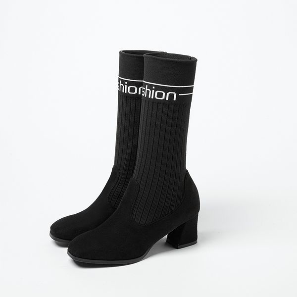 

2021 the new casual round in mid-calf on the knee elastic fashion high-heeled riding boots women's shoes y1ap, Black