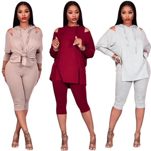 

casual wome off shoulder hollow out two piece set shirt crop + long pants sportsuit winter clothes for women outfit1, Gray