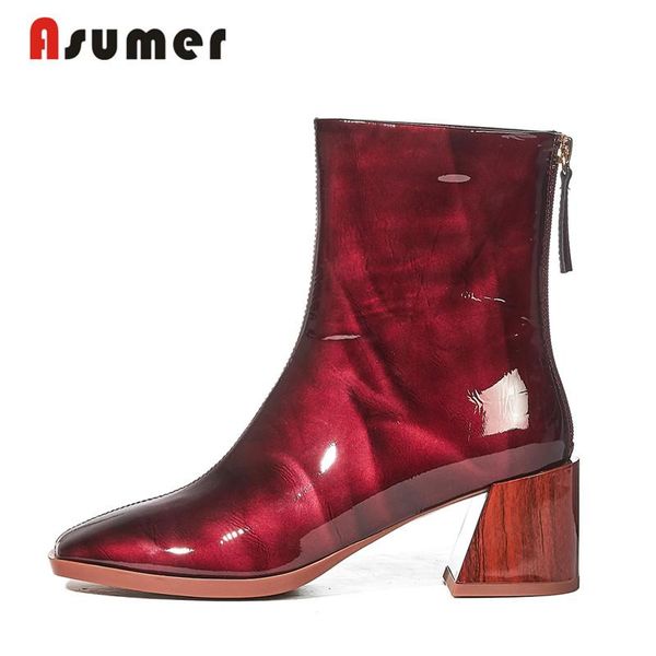 

asumer genuine leather boots back zipper square high heels autumn shoes office ladies ankle boots female, Black