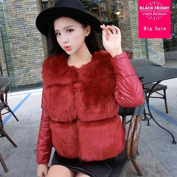 

women's fur & faux s-2xl very good quality fake coat pu stitchfake winter women luxury long sleeve woman warm wj1658, Black