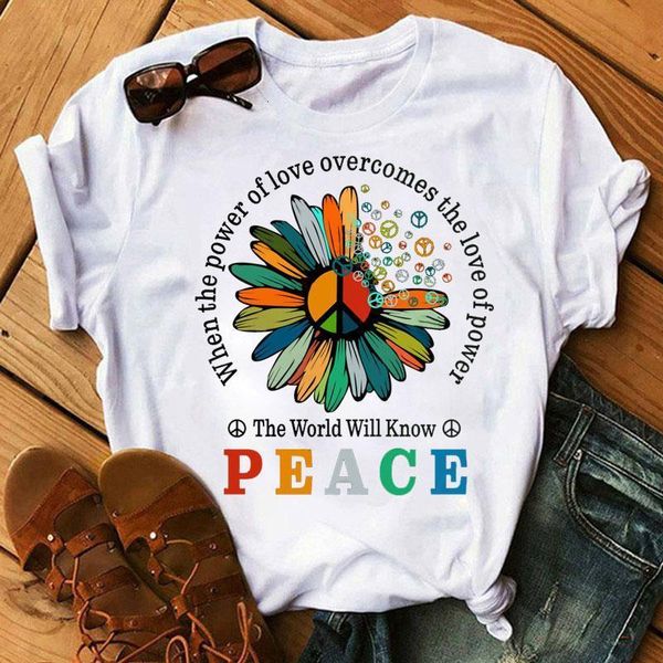 

new fashion women t shirt peace daisies print women tee shirts female harajuku cute t-shirt short sleeve tee summer t shirt, White