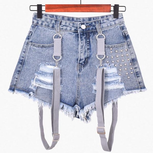 

black strap mini denim shorts women jeans punk hole tassel blue pastel goth pantalones vaqueros mujer micro beaded dekorasyon1, White;black