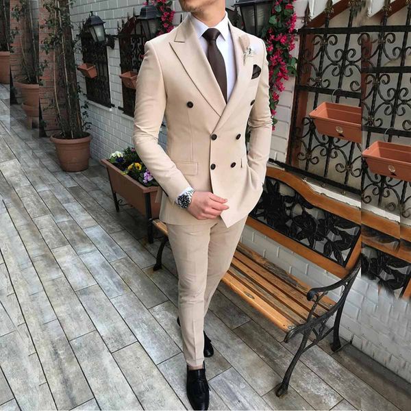 2024 Beige Abiti da uomo Abiti da sposa per uomo Doppio petto Business Best Man Blazer Sposo Tuxedo Slim Fit Costume Homme Cappotto Gilet Pantaloni