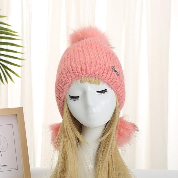

beanie/skull caps outdoor winter ear protection woven knitted hats for women female warm pompom fur ball hat cap with flap beanies bonnet, Blue;gray