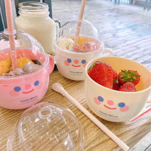 

креативная смайлик bowl пластичная бутылка с соломой милая улыбка лицо воды с водой с крышкой студент для взрослых кружки завтрак молочные ч