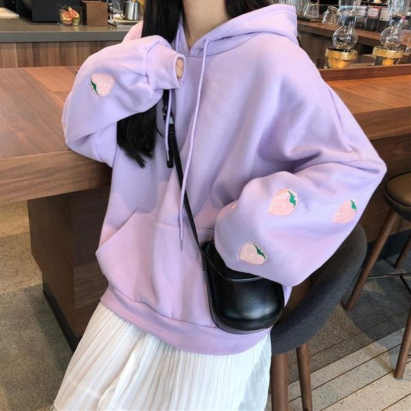 

harajuku strawberry embroidery lavender pink sweatshirt autumn winter women kawaii loose long sleeves oversized hoodies 201016, Black