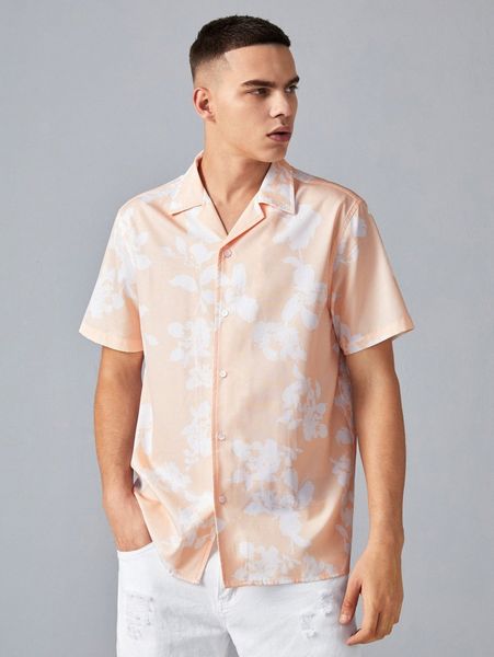 

men floral print lapel neck shirt v1rf#, White;black