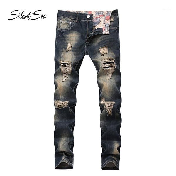 

silentsea men jeans masculina casual denim distressed men's slim jeans pants brand biker skinny rock ripped brand1, Blue